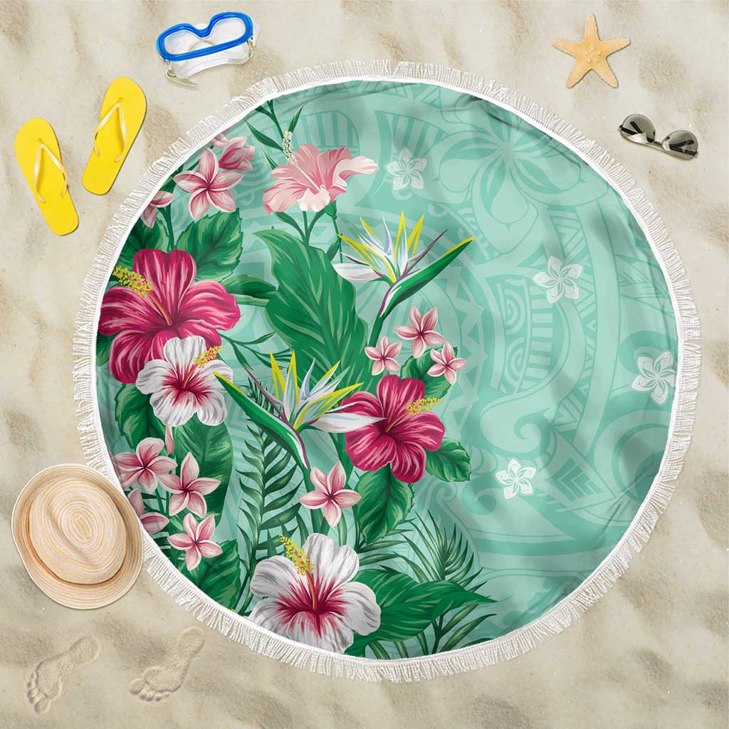 Hawaii Tropical Flowers Beach Blanket Polynesian Tattoo Mint Green LT05 One Size 150cm Green - Polynesian Pride