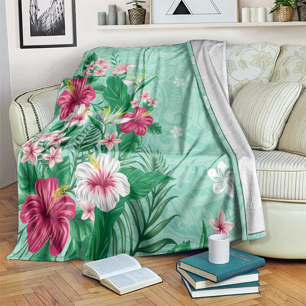 Hawaii Tropical Flowers Blanket Polynesian Tattoo Mint Green