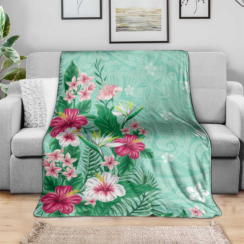 Hawaii Tropical Flowers Blanket Polynesian Tattoo Mint Green LT05 - Polynesian Pride