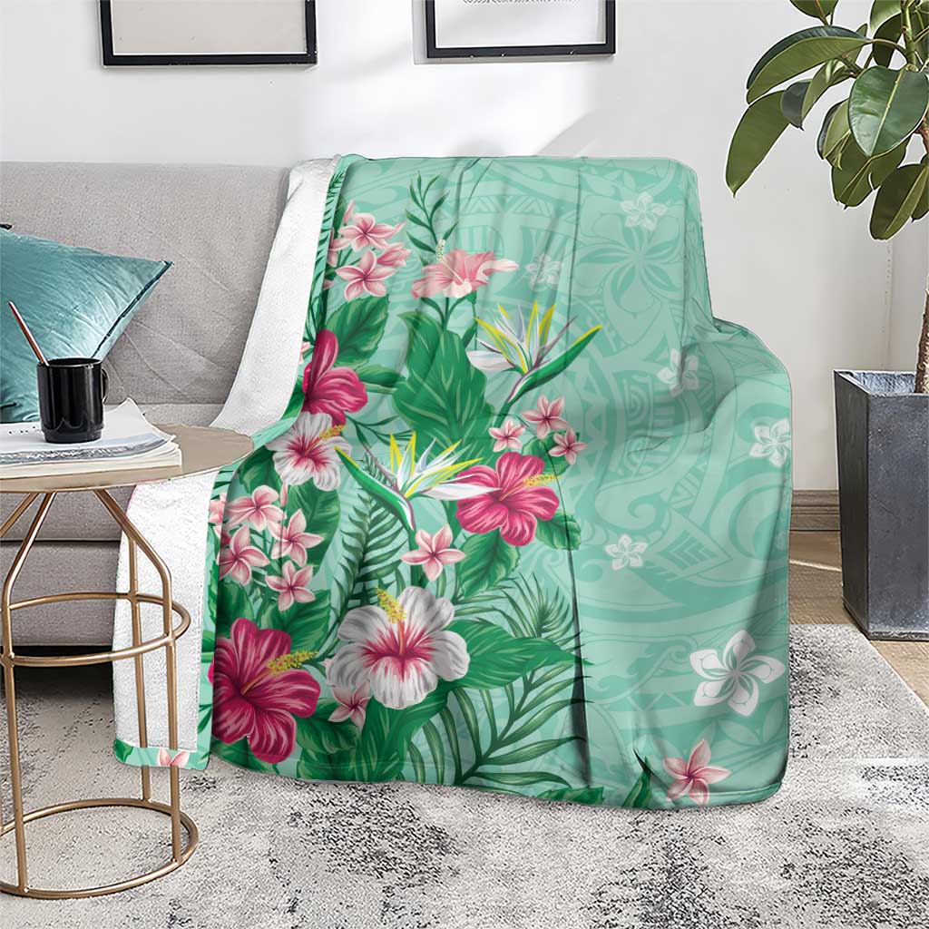 Hawaii Tropical Flowers Blanket Polynesian Tattoo Mint Green LT05 - Polynesian Pride