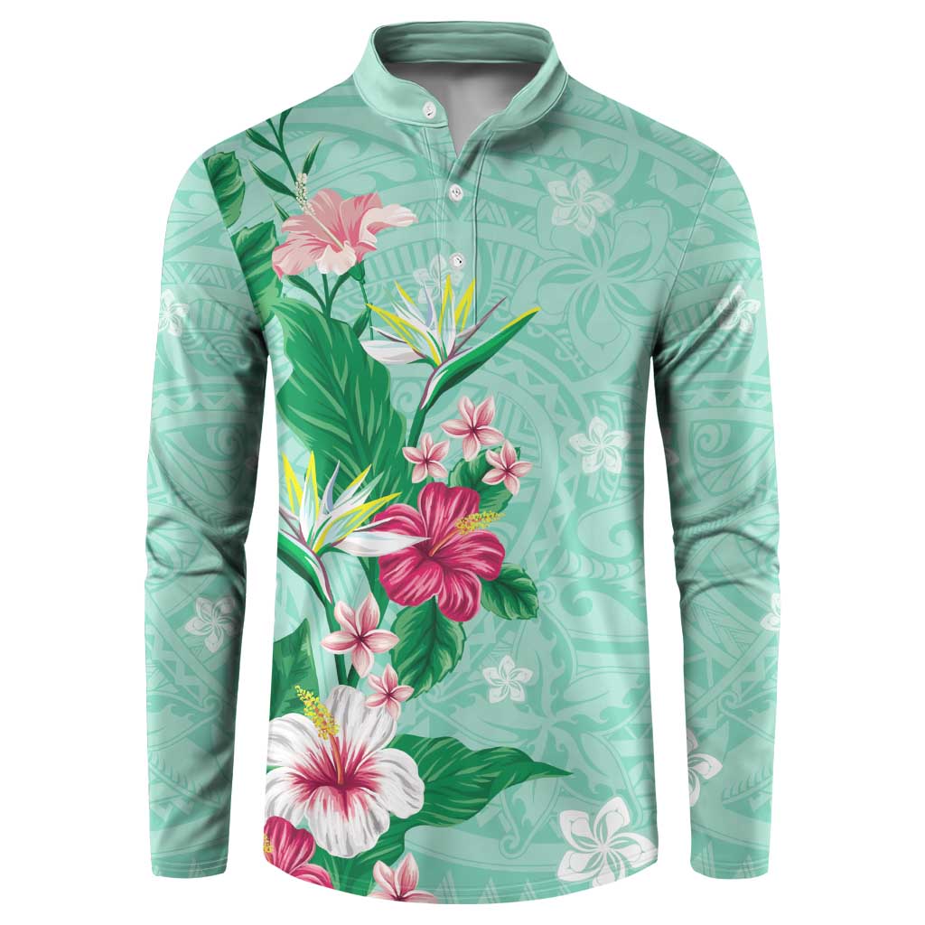 Hawaii Tropical Flowers Button Sweatshirt Polynesian Tattoo Mint Green