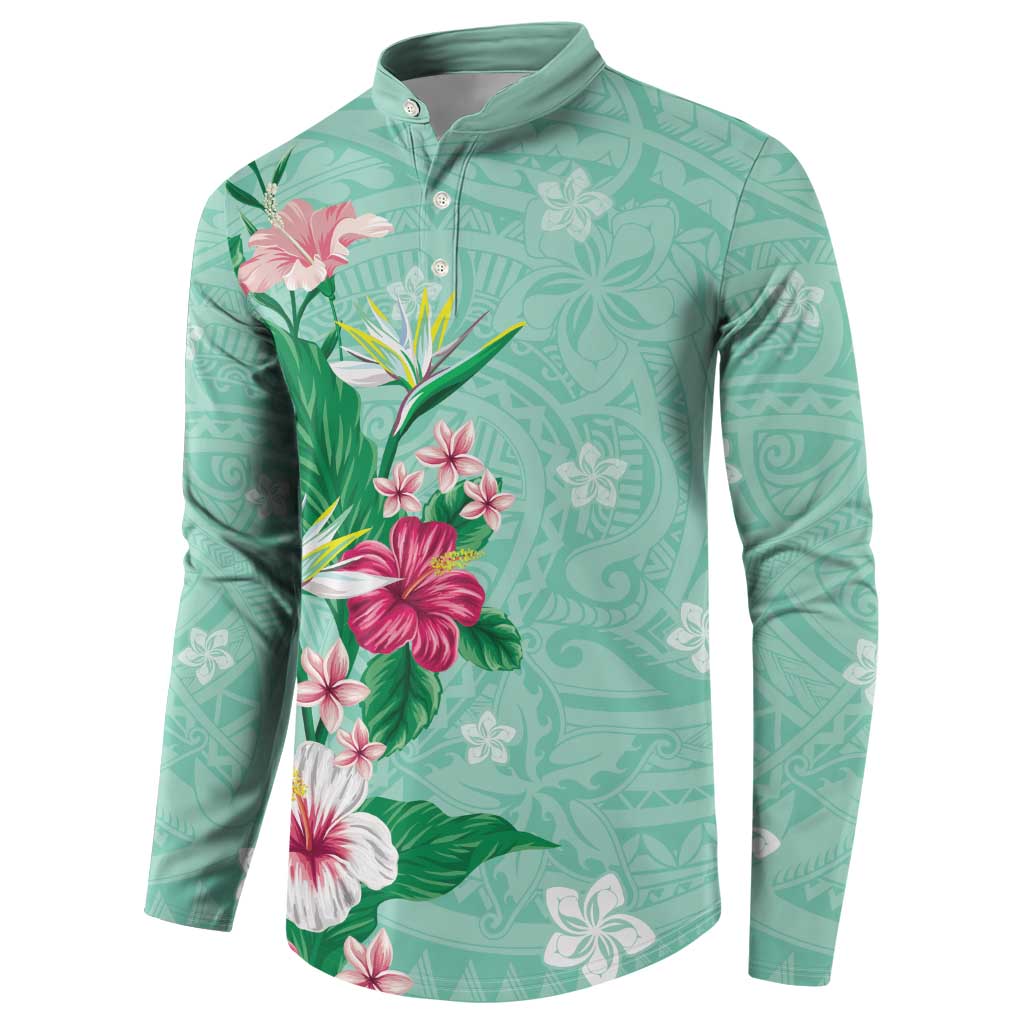 Hawaii Tropical Flowers Button Sweatshirt Polynesian Tattoo Mint Green LT05 - Polynesian Pride