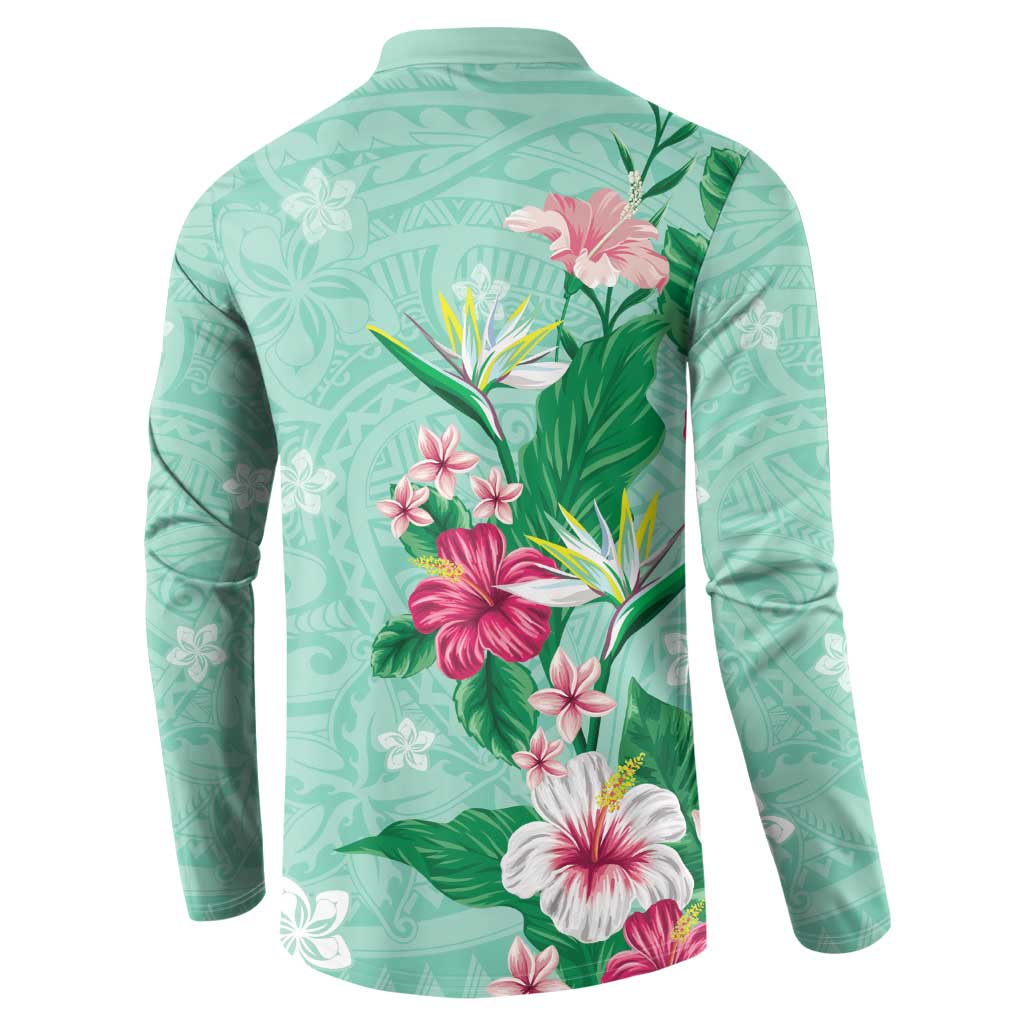 Hawaii Tropical Flowers Button Sweatshirt Polynesian Tattoo Mint Green LT05 - Polynesian Pride