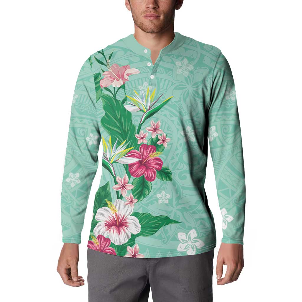 Hawaii Tropical Flowers Button Sweatshirt Polynesian Tattoo Mint Green LT05 - Polynesian Pride