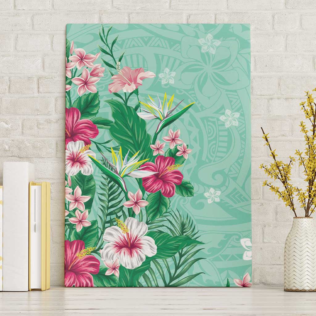 Hawaii Tropical Flowers Canvas Wall Art Polynesian Tattoo Mint Green