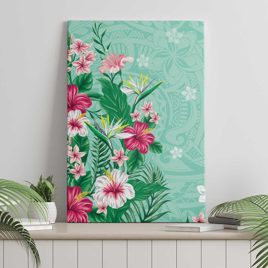 Hawaii Tropical Flowers Canvas Wall Art Polynesian Tattoo Mint Green LT05 - Polynesian Pride