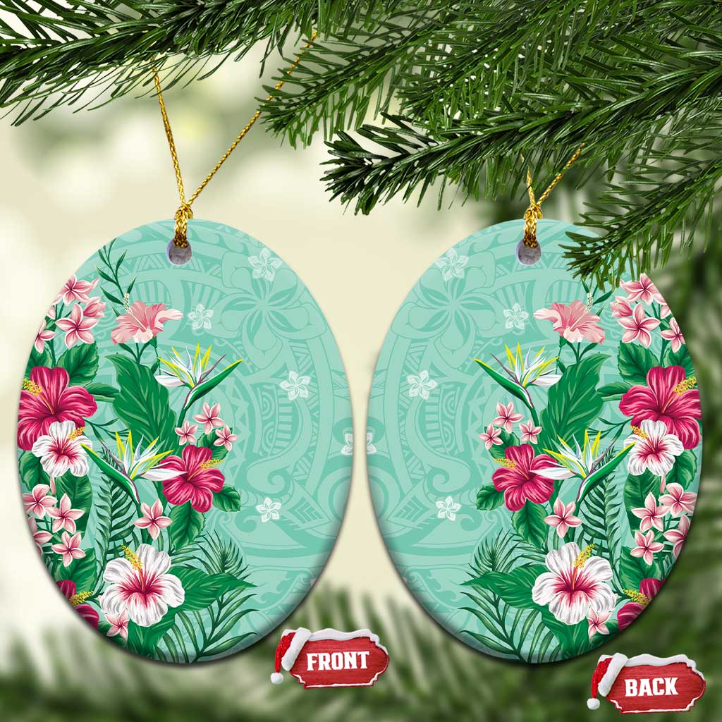 Hawaii Tropical Flowers Ceramic Ornament Polynesian Tattoo Mint Green LT05 Oval Green - Polynesian Pride
