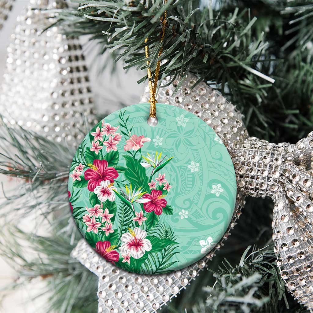 Hawaii Tropical Flowers Ceramic Ornament Polynesian Tattoo Mint Green LT05 - Polynesian Pride