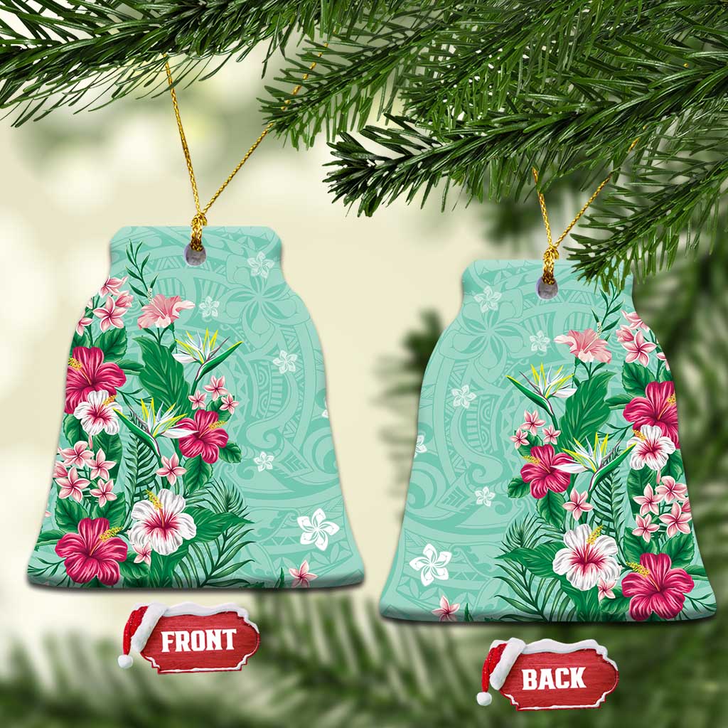 Hawaii Tropical Flowers Ceramic Ornament Polynesian Tattoo Mint Green LT05 Bell Flake Green - Polynesian Pride