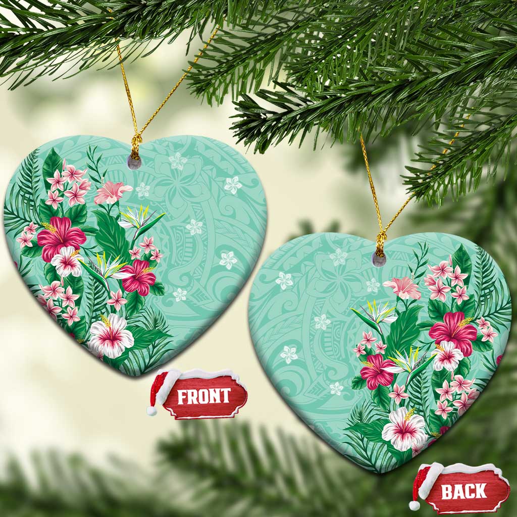 Hawaii Tropical Flowers Ceramic Ornament Polynesian Tattoo Mint Green LT05 Heart Green - Polynesian Pride