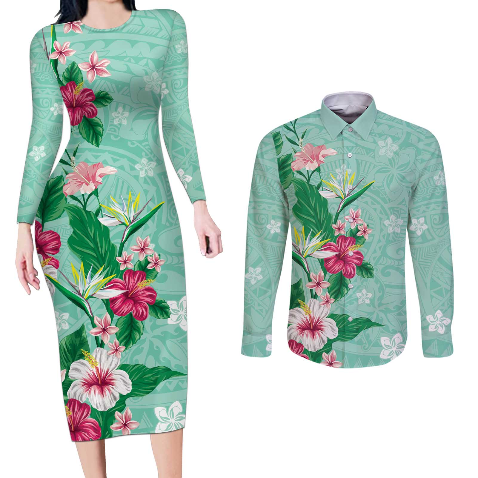 Hawaii Tropical Flowers Couples Matching Long Sleeve Bodycon Dress and Long Sleeve Button Shirt Polynesian Tattoo Mint Green