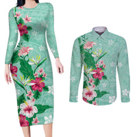 Hawaii Tropical Flowers Couples Matching Long Sleeve Bodycon Dress and Long Sleeve Button Shirt Polynesian Tattoo Mint Green LT05 Green - Polynesian Pride