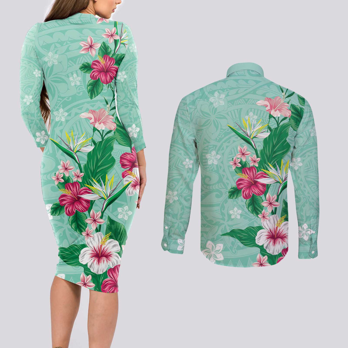 Hawaii Tropical Flowers Couples Matching Long Sleeve Bodycon Dress and Long Sleeve Button Shirt Polynesian Tattoo Mint Green LT05 - Polynesian Pride