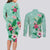 Hawaii Tropical Flowers Couples Matching Long Sleeve Bodycon Dress and Long Sleeve Button Shirt Polynesian Tattoo Mint Green