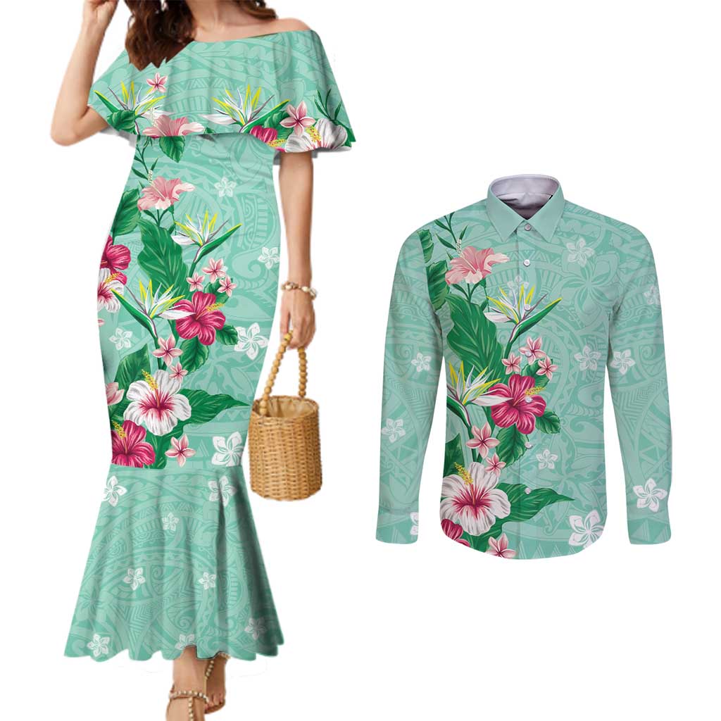 Hawaii Tropical Flowers Couples Matching Mermaid Dress and Long Sleeve Button Shirt Polynesian Tattoo Mint Green