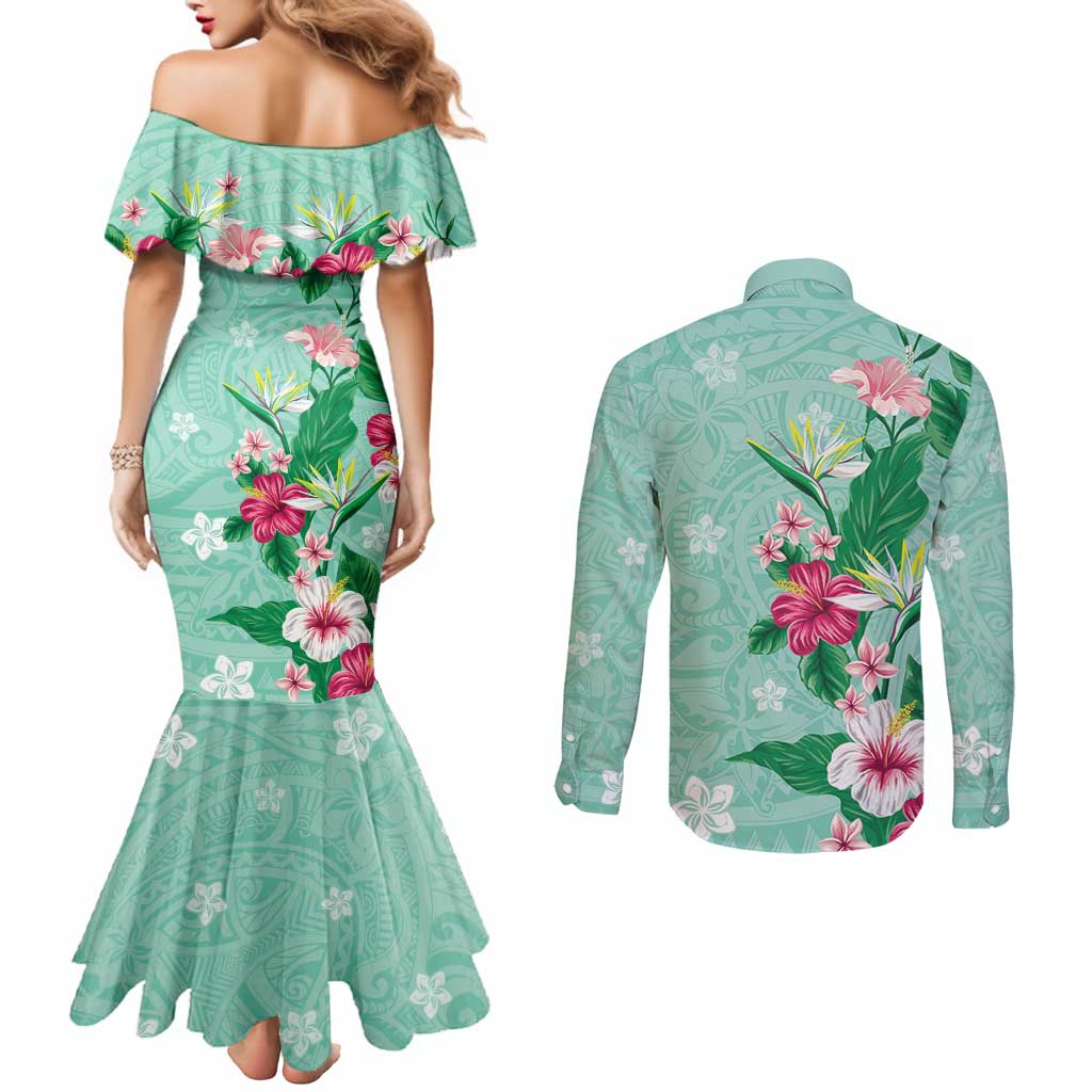 Hawaii Tropical Flowers Couples Matching Mermaid Dress and Long Sleeve Button Shirt Polynesian Tattoo Mint Green LT05 - Polynesian Pride