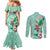 Hawaii Tropical Flowers Couples Matching Mermaid Dress and Long Sleeve Button Shirt Polynesian Tattoo Mint Green