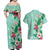 Hawaii Tropical Flowers Couples Matching Off Shoulder Maxi Dress and Hawaiian Shirt Polynesian Tattoo Mint Green