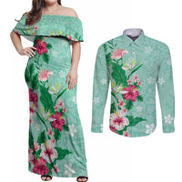 Hawaii Tropical Flowers Couples Matching Off Shoulder Maxi Dress and Long Sleeve Button Shirt Polynesian Tattoo Mint Green LT05 Green - Polynesian Pride