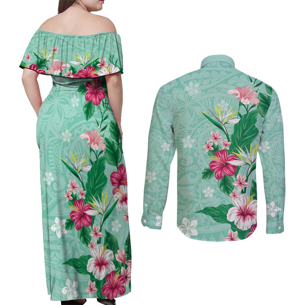 Hawaii Tropical Flowers Couples Matching Off Shoulder Maxi Dress and Long Sleeve Button Shirt Polynesian Tattoo Mint Green LT05 - Polynesian Pride