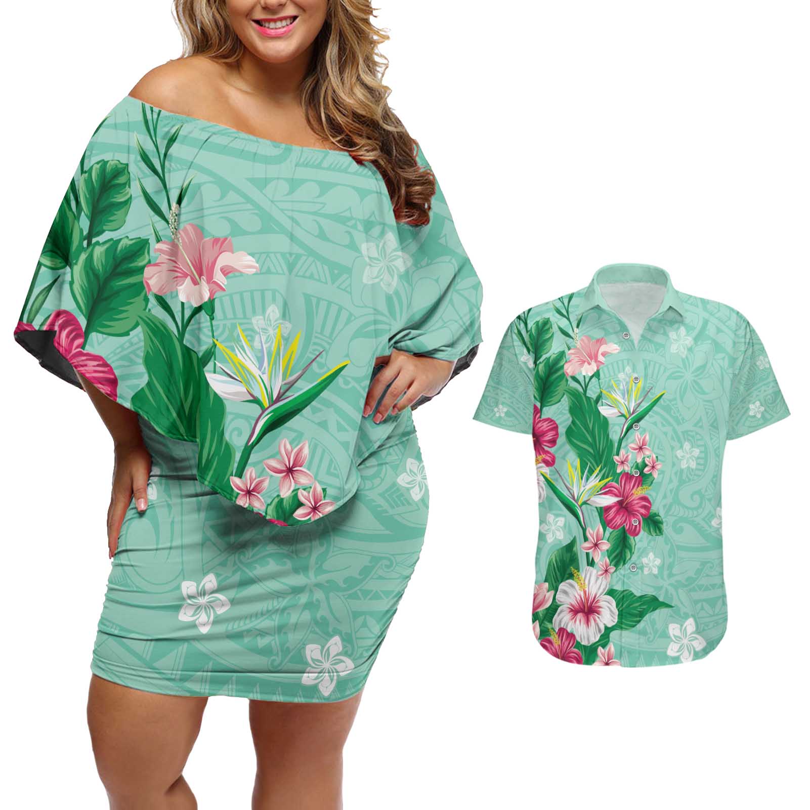 Hawaii Tropical Flowers Couples Matching Off Shoulder Short Dress and Hawaiian Shirt Polynesian Tattoo Mint Green