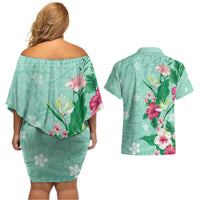 Hawaii Tropical Flowers Couples Matching Off Shoulder Short Dress and Hawaiian Shirt Polynesian Tattoo Mint Green LT05 - Polynesian Pride