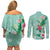 Hawaii Tropical Flowers Couples Matching Off Shoulder Short Dress and Long Sleeve Button Shirt Polynesian Tattoo Mint Green