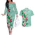 Hawaii Tropical Flowers Couples Matching Off The Shoulder Long Sleeve Dress and Hawaiian Shirt Polynesian Tattoo Mint Green