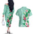 Hawaii Tropical Flowers Couples Matching Off The Shoulder Long Sleeve Dress and Hawaiian Shirt Polynesian Tattoo Mint Green