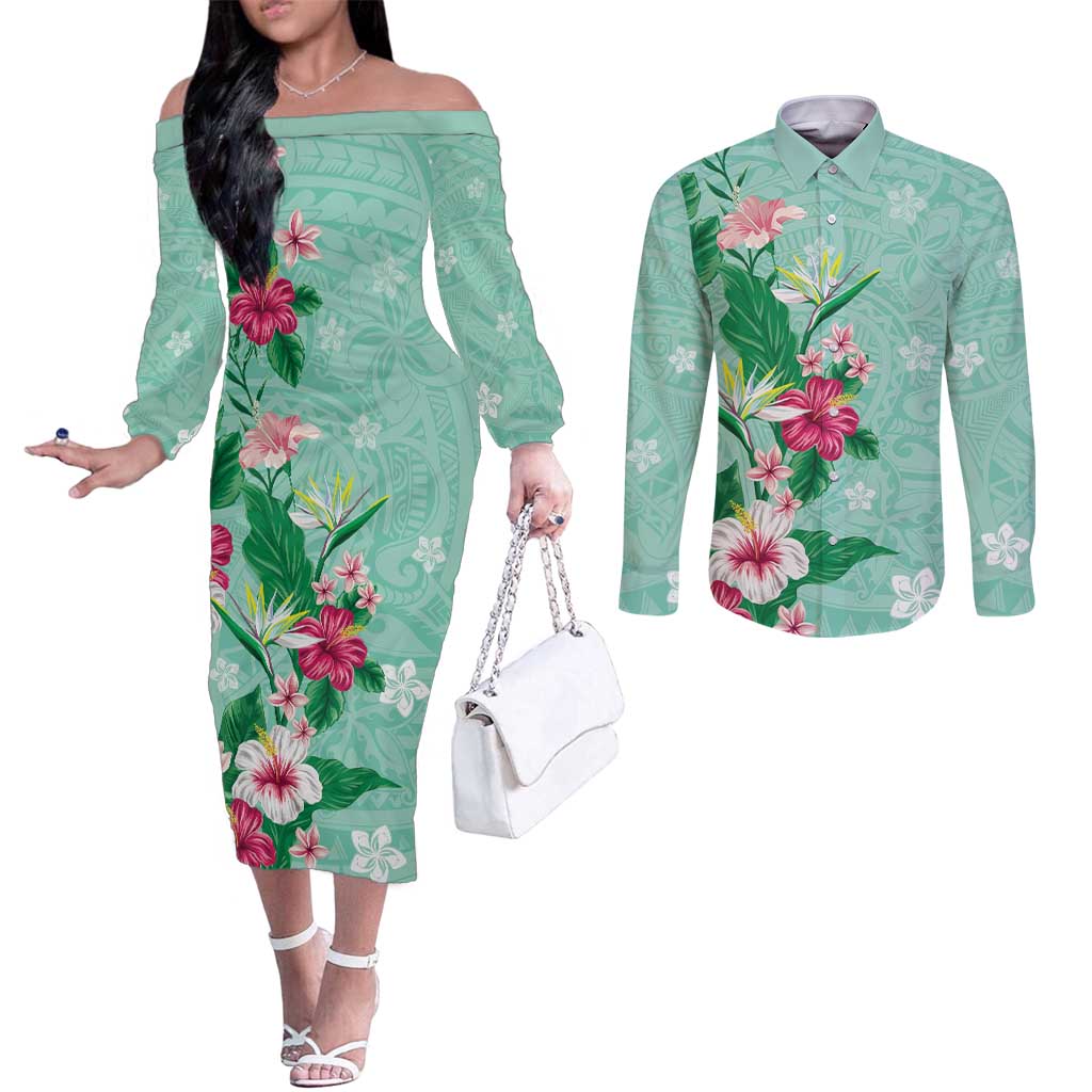 Hawaii Tropical Flowers Couples Matching Off The Shoulder Long Sleeve Dress and Long Sleeve Button Shirt Polynesian Tattoo Mint Green