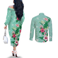 Hawaii Tropical Flowers Couples Matching Off The Shoulder Long Sleeve Dress and Long Sleeve Button Shirt Polynesian Tattoo Mint Green LT05 - Polynesian Pride
