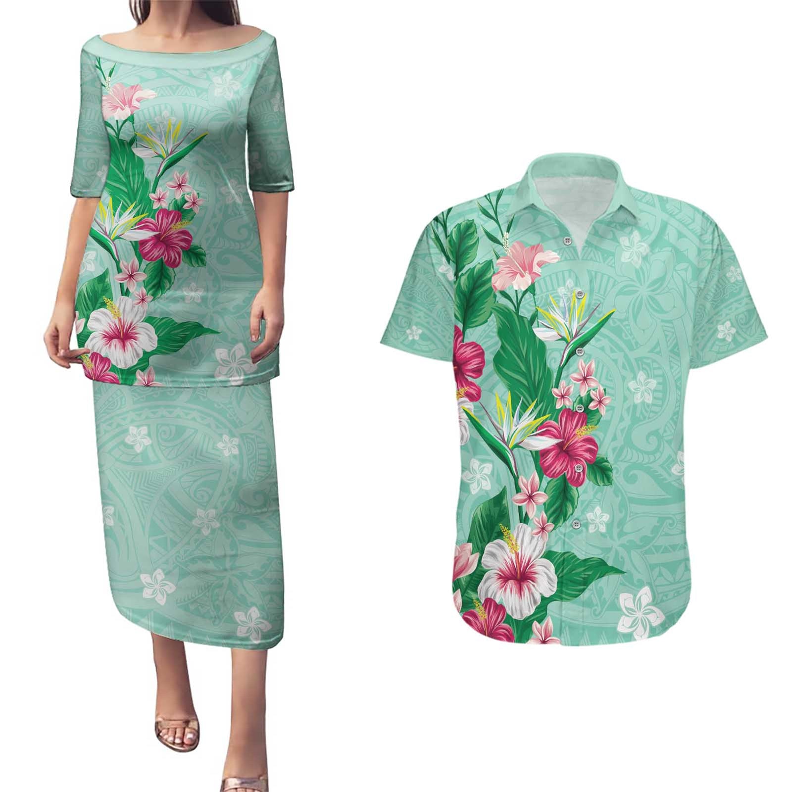 Hawaii Tropical Flowers Couples Matching Puletasi and Hawaiian Shirt Polynesian Tattoo Mint Green LT05 Green - Polynesian Pride