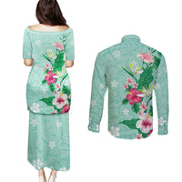 Hawaii Tropical Flowers Couples Matching Puletasi and Long Sleeve Button Shirt Polynesian Tattoo Mint Green LT05 - Polynesian Pride