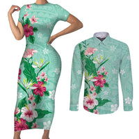 Hawaii Tropical Flowers Couples Matching Short Sleeve Bodycon Dress and Long Sleeve Button Shirt Polynesian Tattoo Mint Green LT05 Green - Polynesian Pride