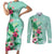 Hawaii Tropical Flowers Couples Matching Short Sleeve Bodycon Dress and Long Sleeve Button Shirt Polynesian Tattoo Mint Green