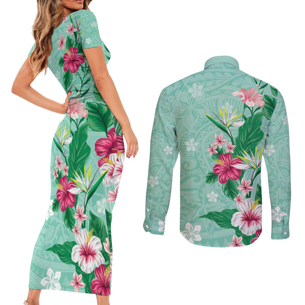 Hawaii Tropical Flowers Couples Matching Short Sleeve Bodycon Dress and Long Sleeve Button Shirt Polynesian Tattoo Mint Green LT05 - Polynesian Pride