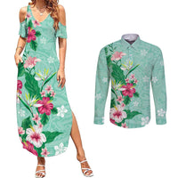 Hawaii Tropical Flowers Couples Matching Summer Maxi Dress and Long Sleeve Button Shirt Polynesian Tattoo Mint Green LT05 Green - Polynesian Pride