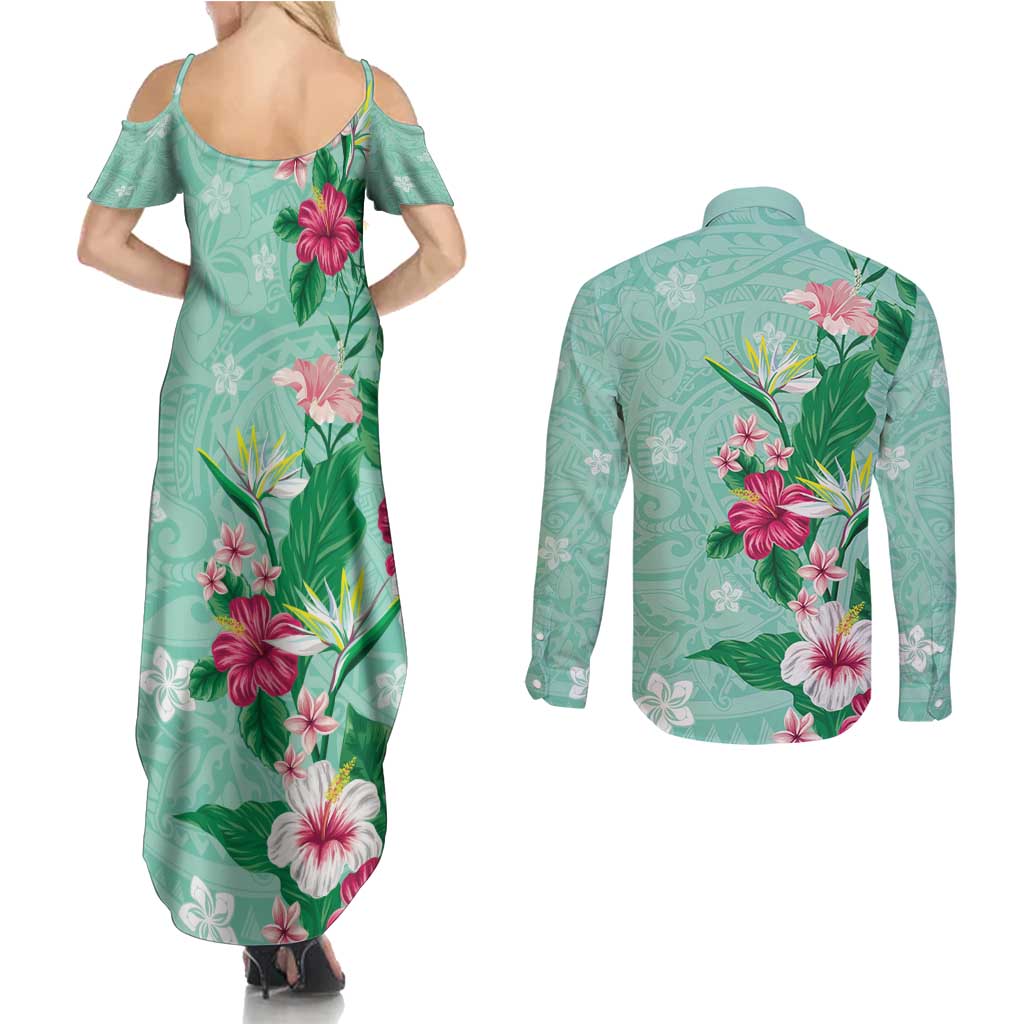 Hawaii Tropical Flowers Couples Matching Summer Maxi Dress and Long Sleeve Button Shirt Polynesian Tattoo Mint Green LT05 - Polynesian Pride