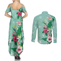 Hawaii Tropical Flowers Couples Matching Summer Maxi Dress and Long Sleeve Button Shirt Polynesian Tattoo Mint Green LT05 - Polynesian Pride
