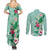 Hawaii Tropical Flowers Couples Matching Summer Maxi Dress and Long Sleeve Button Shirt Polynesian Tattoo Mint Green