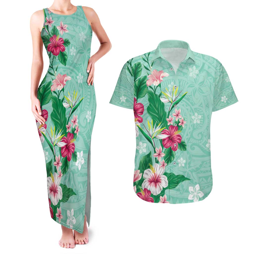 Hawaii Tropical Flowers Couples Matching Tank Maxi Dress and Hawaiian Shirt Polynesian Tattoo Mint Green