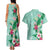 Hawaii Tropical Flowers Couples Matching Tank Maxi Dress and Hawaiian Shirt Polynesian Tattoo Mint Green