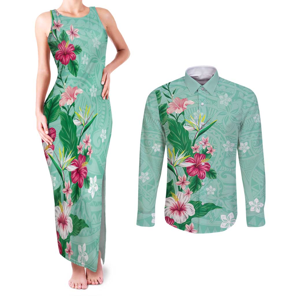 Hawaii Tropical Flowers Couples Matching Tank Maxi Dress and Long Sleeve Button Shirt Polynesian Tattoo Mint Green