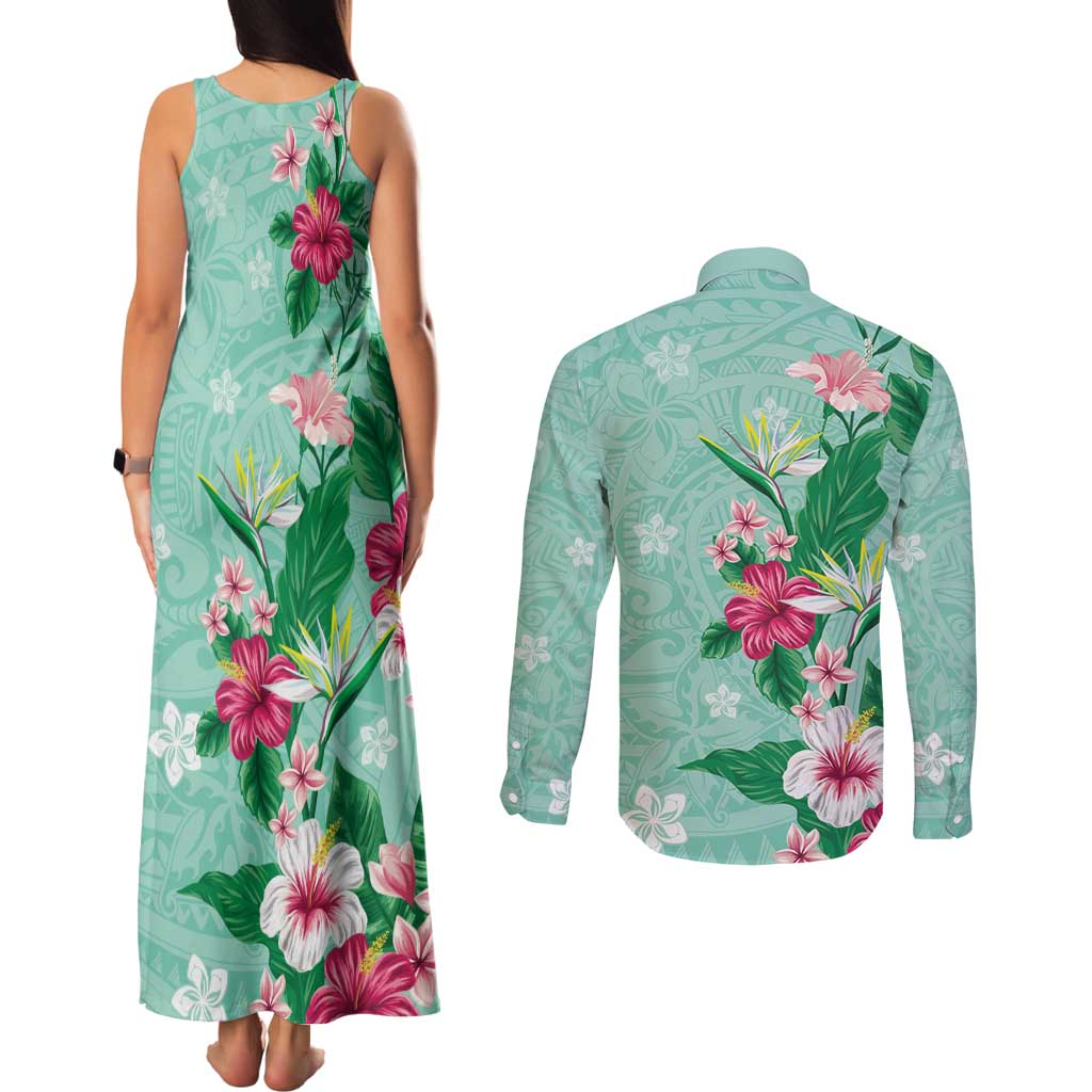 Hawaii Tropical Flowers Couples Matching Tank Maxi Dress and Long Sleeve Button Shirt Polynesian Tattoo Mint Green LT05 - Polynesian Pride