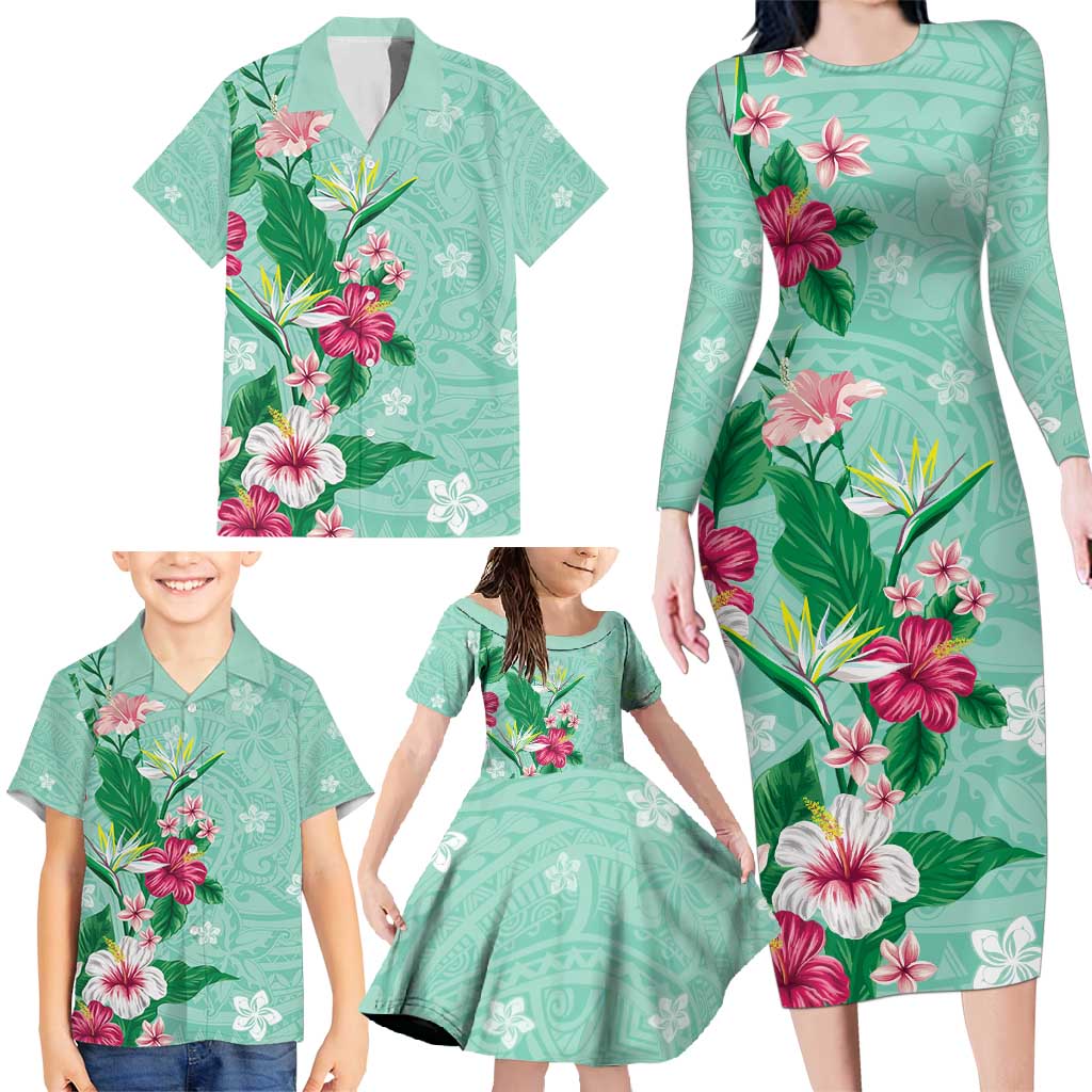 Hawaii Tropical Flowers Family Matching Long Sleeve Bodycon Dress and Hawaiian Shirt Polynesian Tattoo Mint Green