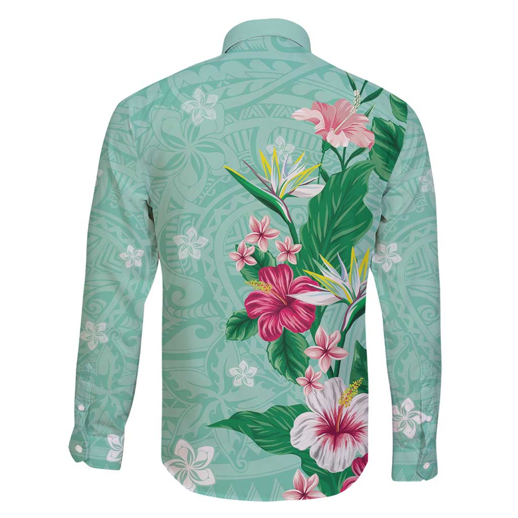 Hawaii Tropical Flowers Family Matching Long Sleeve Bodycon Dress and Hawaiian Shirt Polynesian Tattoo Mint Green