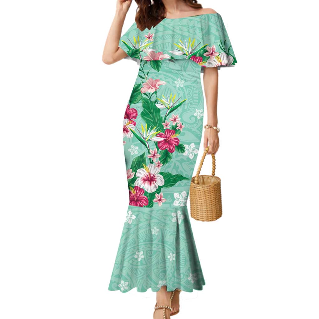 Hawaii Tropical Flowers Family Matching Mermaid Dress and Hawaiian Shirt Polynesian Tattoo Mint Green