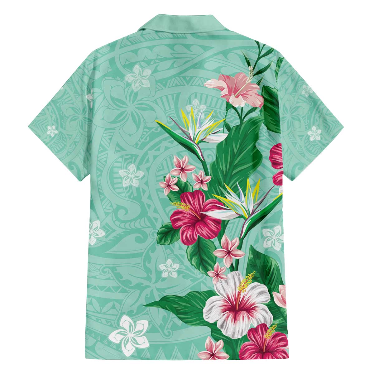 Hawaii Tropical Flowers Family Matching Off Shoulder Short Dress and Hawaiian Shirt Polynesian Tattoo Mint Green LT05 - Polynesian Pride