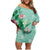 Hawaii Tropical Flowers Family Matching Off Shoulder Short Dress and Hawaiian Shirt Polynesian Tattoo Mint Green