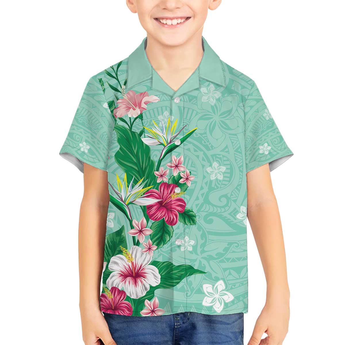 Hawaii Tropical Flowers Family Matching Off Shoulder Short Dress and Hawaiian Shirt Polynesian Tattoo Mint Green LT05 Son's Shirt Green - Polynesian Pride